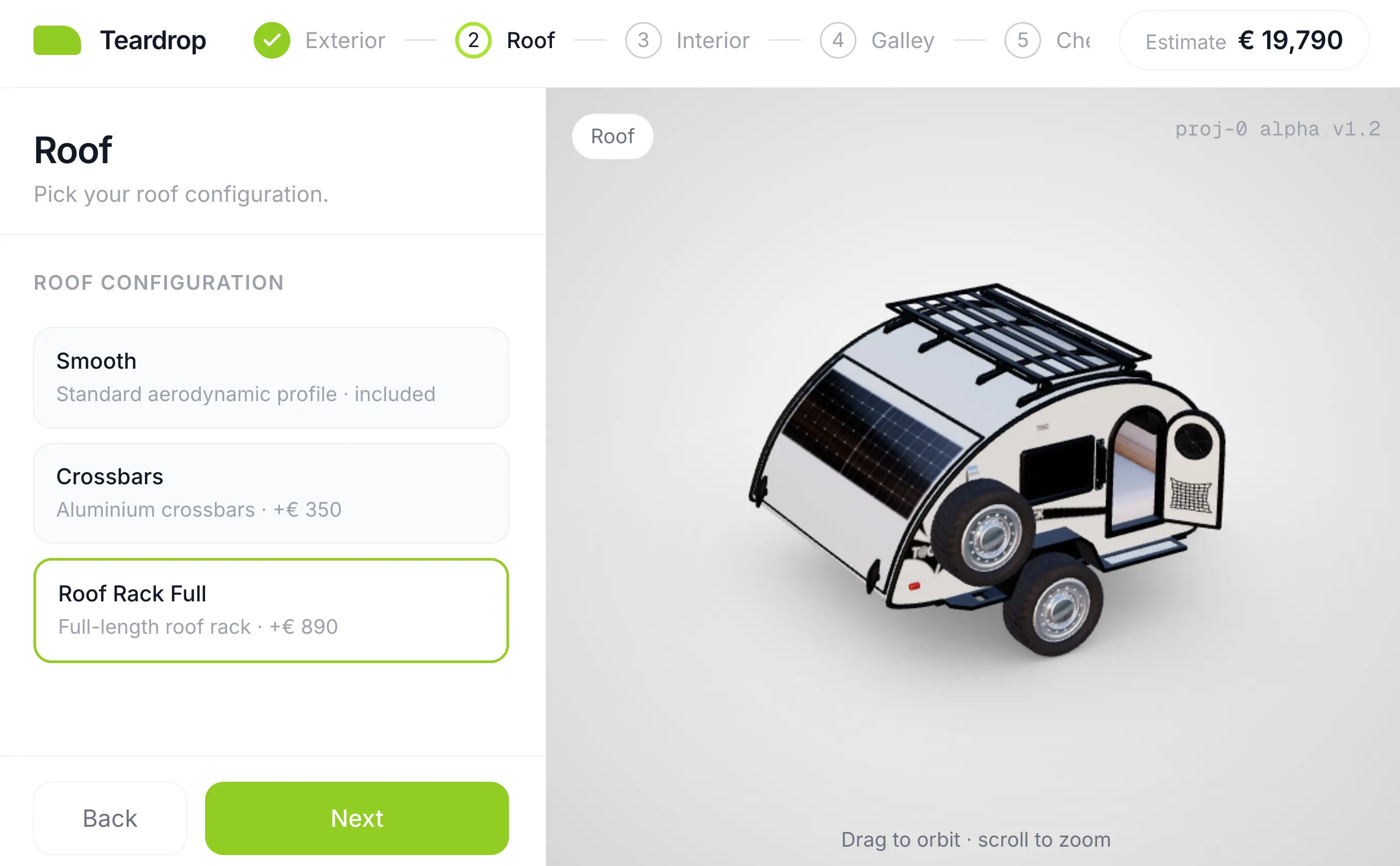 Anteprima del configuratore 3D di un teardrop trailer mostrata su un tablet